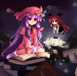 Rule 34 | 2girls, bat wings, bespectacled, book, crescent, crescent hat ornament, embodiment of scarlet devil, female focus, glasses, gradient background, hat, hat ornament, head wings, indoors, koakuma, lamp, long hair, multiple girls, patchouli knowledge, purple hair, red eyes, red hair, ribbon, shin (new), sitting, touhou, wings