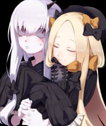 Rule 34 | 2girls, :3, abigail williams (fate), albino, black background, black bow, black hat, blush, bow, closed eyes, commentary request, fate/grand order, fate (series), hair between eyes, hair bow, hat, horns, hug, hug from behind, lavinia whateley (fate), multiple girls, namataro, orange bow, pale skin, pink eyes, polka dot, polka dot bow, shaded face, single horn, sleeves past wrists, sweat