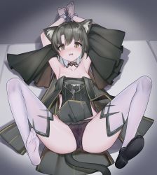 Rule 34 | 1girl, animal ears, arknights, arms up, black collar, black dress, black footwear, black hair, blush, bound, bound wrists, breasts, brown eyes, cat ears, cat girl, cat tail, collar, cuffed, dress, ear ornament, highres, looking at viewer, lulumiya (abbb1233), lying, mandragora (arknights), on back, open mouth, panties, purple panties, shoes, short hair, single shoe, small breasts, solo, spread legs, tail, teeth, thighhighs, underwear, upper teeth only, v-shaped eyebrows, white thighhighs