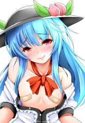 Rule 34 | 1girl, bandaid, bandaids on nipples, black headwear, blue hair, blush, breasts, buttons, center frills, closed mouth, collarbone, commentary request, eyelashes, frills, fruit hat ornament, furrowed brow, head tilt, hinanawi tenshi, koza900, leaf, lips, long hair, looking at viewer, open clothes, open shirt, pasties, peach hat ornament, puffy short sleeves, puffy sleeves, red eyes, red neckwear, red ribbon, ribbon, shirt, short sleeves, sidelocks, simple background, small breasts, solo, sweatdrop, touhou, wavy mouth, white background, white shirt