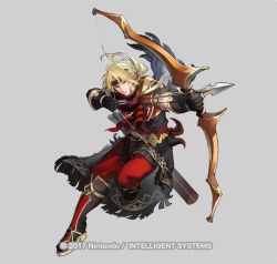 Rule 34 | 1boy, arrow (projectile), black footwear, black gloves, black headband, black jacket, blonde hair, boots, bow (weapon), copyright notice, drawing bow, fire emblem, fire emblem heroes, full body, gloves, grey background, hair between eyes, headband, holding, holding bow (weapon), holding weapon, jacket, jeorge (fire emblem), knee boots, long hair, low ponytail, male focus, nintendo, official art, pants, parted bangs, parted lips, ponytail, quiver, red eyes, red pants, riz3, short sleeves, simple background, solo, standing, standing on one leg, watermark, weapon