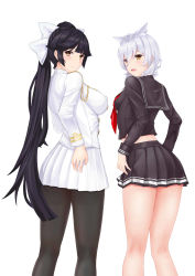 Rule 34 | 2girls, absurdres, animal ear fluff, animal ears, azur lane, black hair, blush, bow, breasts, chenche-jun, closed mouth, commentary request, from behind, graphite (medium), hair bow, hand on own hip, highres, kneepits, long hair, long sleeves, looking at viewer, looking back, maya (azur lane), medium breasts, multiple girls, open mouth, pantyhose, pleated skirt, sailor collar, school uniform, serafuku, shiny skin, silver hair, simple background, skirt, small breasts, takao (azur lane), traditional media, uniform, white background, yellow eyes