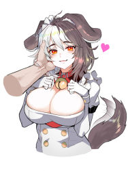 Rule 34 | 1girl, animal ears, bell, blush, breasts, brown hair, cleavage, cleavage cutout, clothing cutout, collar, disembodied hand, dog ears, dog tail, eyebrows, fang, gloves, hachiko of castling, headpat, heart, large breasts, last origin, maid, maid headdress, multicolored hair, neck bell, open mouth, red eyes, smile, solo focus, split-color hair, taesi, tail, tail wagging, two-tone hair, upper body, white gloves, white hair, wrist cuffs