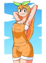 Rule 34 | 1girl, absurdres, arm behind head, arm up, arms behind head, bikini, blush, breasts, cleavage, collarbone, cowboy shot, curvy, hair between eyes, highres, large breasts, long hair, looking at viewer, nami (one piece), one piece, one piece: stampede, orange hair, overalls, self-upload, smile, solo, swimsuit, tattoo, thighs, white bikini, ximxam