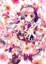 Rule 34 | 1girl, :d, animal ears, black thighhighs, blurry, blurry foreground, blush, bow, brown hair, cat ears, commentary request, depth of field, dress, dutch angle, flower, hair between eyes, hair bow, long hair, looking at viewer, mizuki yuuma, open mouth, original, outstretched arm, pink flower, red bow, red eyes, red flower, smile, solo, sunflower, thighhighs, twintails, very long hair, white dress, white flower, yellow flower
