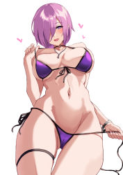 Rule 34 | 1girl, alternate costume, bikini, blush, breasts, breasts apart, fate/grand order, fate (series), heart, heart-shaped pupils, jewelry, looking at viewer, mash kyrielight, navel, necklace, open mouth, seven (shijima), short hair, side-tie bikini bottom, simple background, smile, solo, swimsuit, symbol-shaped pupils, white background