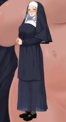 Rule 34 | 1girl, black footwear, blonde hair, blush, breasts, full body, gomu (chewinggom), green eyes, habit, highres, interlocked fingers, large breasts, looking at viewer, mole, mole under eye, multiple views, navel piercing, nun, original, out-of-frame censoring, own hands clasped, own hands together, parted lips, piercing, projected inset, shoes, smile, sweat, traditional nun, veil