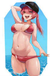Rule 34 | 1girl, alternate costume, arm up, baseball cap, bikini, bikini tug, black hat, blue sky, blush, breasts, cleavage, commentary, cowboy shot, day, groin, hair between eyes, hat, heterochromia, highres, hololive, houshou marine, houshou marine (summer), large breasts, lips, looking at viewer, medium hair, navel, ocean, open mouth, outdoors, red bikini, red eyes, red hair, shiny skin, skindentation, sky, smile, solo, stomach, suki byun, swimsuit, teeth, thighs, twintails, virtual youtuber, wading, water, yellow eyes