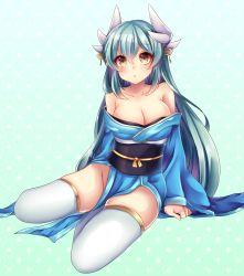 Rule 34 | 1girl, :&lt;, aqua hair, arm support, bare shoulders, blush, breasts, brown eyes, cleavage, closed mouth, collarbone, dragon girl, dragon horns, fate/grand order, fate (series), full body, groin, hair ornament, highres, horns, huruneko1014, japanese clothes, kimono, kiyohime (fate), large breasts, long hair, looking at viewer, no panties, obi, off shoulder, pelvic curtain, sash, sitting, solo, thighhighs, very long hair, white thighhighs, wide sleeves, yellow eyes, yokozuwari