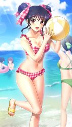 Rule 34 | :d, ball, beachball, bikini, black hair, breasts, cleavage, collarbone, double bun, doukyuusei 2, doukyuusei another world, game cg, hair between eyes, hair bun, hair ribbon, holding, holding ball, looking at viewer, medium breasts, medium hair, multiple girls, narusawa yui, navel, official art, open mouth, pink bikini, pink ribbon, plaid, plaid bikini, plaid ribbon, red eyes, ribbon, smile, solo focus, standing, standing on one leg, sunlight, swimsuit