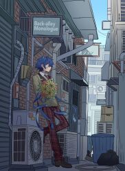 Rule 34 | 1boy, air conditioner, alley, bad id, bad pixiv id, blue hair, bouquet, brick wall, brown jacket, building, closed mouth, collared shirt, door, ensemble stars!, flower, full body, highres, holding, holding bouquet, industrial pipe, jacket, leaning on object, long sleeves, looking at viewer, male focus, meremero, necktie, outdoors, pants, red flower, red necktie, red pants, road, sazanami jun, shirt, short hair, sign, solo, standing, standing on one leg, street, sunflower, trash bag, trash can, white shirt, yellow eyes, yellow flower