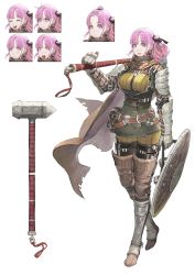 Rule 34 | 1girl, :d, angry, armor, armored boots, belt, belt pouch, boots, breasts, character sheet, commentary request, earrings, expressions, full body, gauntlets, hair ribbon, hammer, hammer (navigavi), happy, highres, jewelry, jun (navigavi), large breasts, looking at viewer, multiple views, open mouth, original, over shoulder, pink eyes, pink hair, pouch, ribbon, sad, scarf, shield, smile, surprised, teeth, upper teeth only, weapon, weapon over shoulder, white background