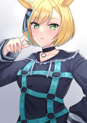 Rule 34 | 1girl, animal ears, aqua hair, blonde hair, bow, closed mouth, collar, commentary request, expressionless, gradient background, green eyes, hair bow, hand on own hip, hand up, highres, horse ears, horse girl, little cocon (umamusume), long sleeves, looking at viewer, ma0rock, multicolored hair, o-ring, parted bangs, short hair, simple background, solo, streaked hair, two-tone hair, umamusume, upper body, wide sleeves