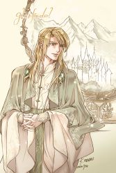 Rule 34 | 1boy, blonde hair, blue eyes, brooch, character name, dated, glorfindel, highres, interlocked fingers, jewelry, kazuki-mendou, tolkien&#039;s legendarium, long hair, long sleeves, male focus, mountain, own hands together, robe, signature, smile, solo, standing, the lord of the rings, wide sleeves