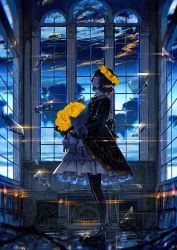 Rule 34 | 1girl, absurdres, black footwear, black hair, black jacket, black pantyhose, blue eyes, blue theme, blurry, bouquet, bow, cloud, depth of field, diffraction spikes, dress, floating, floating object, flower, footwear bow, from side, full body, glass, head wreath, highres, holding, holding bouquet, indoors, jacket, kuga huna, legs together, looking up, original, pantyhose, short hair, solo, standing, window, yellow flower