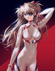 Rule 34 | 1girl, arm at side, blue background, blue eyes, breasts, closed mouth, covered navel, evangelion: 3.0+1.0 thrice upon a time, eyebrows hidden by hair, eyepatch, gradient background, hand up, highres, interface headset, kitada mo, long hair, looking at viewer, medium breasts, neon genesis evangelion, orange hair, plugsuit, rebuild of evangelion, red background, smile, solo, souryuu asuka langley