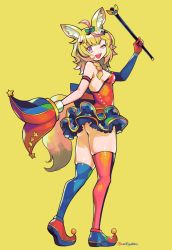 Rule 34 | 1girl, ;d, ahoge, animal ear fluff, animal ears, ass, asymmetrical legwear, blonde hair, blue thighhighs, braid, breasts, detached sleeves, female focus, fennec fox, fox ears, fox girl, fox tail, frilled skirt, frills, full body, gloves, hair ornament, hat, unworn hat, unworn headwear, heart, heart-shaped pupils, holding, holding clothes, holding hat, hololive, jester cap, looking at viewer, looking back, medium hair, mismatched legwear, multicolored hair, omaru polka, omaru polka (1st costume), one eye closed, open mouth, over-kneehighs, pointy footwear, red gloves, red thighhighs, side braid, sideboob, single braid, single detached sleeve, skindentation, skirt, small breasts, smile, solo, strapless, streaked hair, symbol-shaped pupils, tail, teeth, thighhighs, thighs, twitter username, upper teeth only, upskirt, virtual youtuber, woofycakes, x hair ornament, yellow background