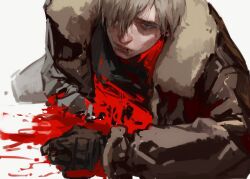 Rule 34 | 1boy, absurdres, bleeding, blonde hair, blood, blood from mouth, blood on ground, brown coat, coat, crawling, fingerless gloves, fur-trimmed coat, fur trim, gloves, grey pants, hair between eyes, hair over one eye, highres, injury, jianghesongmu, leon s. kennedy, long sleeves, looking at viewer, lying, male focus, on stomach, pants, resident evil, resident evil 4, short hair, solo, white background
