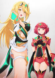 Rule 34 | 2girls, armor, ass, black gloves, blonde hair, blush, breasts, chest jewel, covered navel, dress, earrings, elbow gloves, fingerless gloves, gem, gloves, gradient background, highres, jewelry, kazuma muramasa, large breasts, legs, long hair, looking at viewer, multiple girls, mythra (xenoblade), nintendo, open mouth, panties, parted lips, pointing, pyra (xenoblade), red eyes, red hair, red shorts, short dress, short hair, shorts, shoulder armor, swept bangs, thigh strap, thighhighs, tiara, underwear, upskirt, white dress, white gloves, xenoblade chronicles (series), xenoblade chronicles 2, yellow eyes