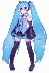 Rule 34 | 1girl, absurdres, between breasts, black footwear, black skirt, black sleeves, blue eyes, blue hair, blue necktie, blue skirt, blush, boots, breasts, closed mouth, commentary, detached sleeves, full body, grey shirt, hair between eyes, hair intakes, hair ornament, hatsune miku, highres, long hair, looking at viewer, medium breasts, miniskirt, nadhia 14, necktie, necktie between breasts, pigeon-toed, pleated skirt, shirt, simple background, skirt, sleeveless, sleeveless shirt, smile, solo, standing, thigh boots, twintails, two-tone skirt, very long hair, vocaloid, white background