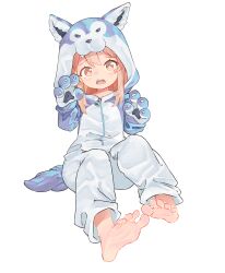 Rule 34 | 1girl, animal ears, barefoot, blush, chaosexceed, fake animal ears, fake tail, feet, highres, looking at viewer, onesie, onii-chan wa oshimai!, open mouth, oyama mahiro, simple background, soles, solo, tail, teeth, toes, upper teeth only, white background, zipper