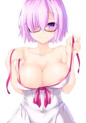 Rule 34 | 1girl, bad id, bad pixiv id, bare shoulders, black-framed eyewear, breasts, closed mouth, fate/grand order, fate (series), glasses, hair over one eye, highres, large breasts, mash kyrielight, mash kyrielight (swimsuit of perpetual summer), official alternate costume, purple eyes, purple hair, short hair, simple background, smile, solo, tohochang, white background
