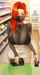 Rule 34 | absurdres, bag, black bra, black ribbon, black shirt, blue eyes, blurry, blurry background, blush, bra, breasts, buying condoms, cash register, ceo (ceo and bodyguard), ceo and bodyguard, cleavage, convenience store, counter, covered navel, credit card, earrings, english text, hair behind ear, hair over shoulder, handbag, high-waist skirt, highres, jewelry, large breasts, looking at viewer, mature female, mole, mole under eye, nail polish, pov, red hair, red nails, ribbon, roborobocap, see-through, shirt, shop, skirt, solo, thighs, underwear, white skirt