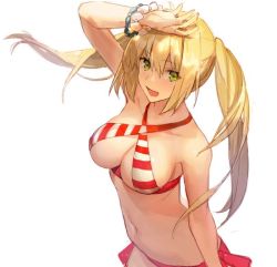 Rule 34 | 10s, 1girl, arm up, bad id, bad twitter id, bare shoulders, bead bracelet, beads, bikini, blonde hair, bracelet, breasts, cleavage, collarbone, commentary request, fate/extra, fate/grand order, fate (series), green eyes, hair intakes, halterneck, jewelry, kawaguchi (mojacome), long hair, looking at viewer, looking to the side, medium breasts, navel, nero claudius (fate), nero claudius (fate) (all), nero claudius (swimsuit caster) (fate), open mouth, red bikini, side-tie bikini bottom, sideboob, simple background, smile, solo, striped bikini, striped clothes, swimsuit, twintails, white background