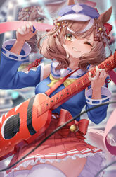Rule 34 | 1girl, alternate costume, animal ears, blurry, blurry background, blush, breasts, brown eyes, brown hair, commentary request, detached sleeves, electric guitar, guitar, hair between eyes, hair ornament, hat, highres, horse ears, horse girl, horse tail, instrument, matikane tannhauser (umamusume), medium breasts, medium hair, one eye closed, ribbon, solo, stage, sweat, tabunshake, tail, thighhighs, umamusume