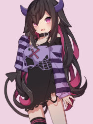 Rule 34 | 1girl, :d, absurdres, bare shoulders, black collar, black dress, black thighhighs, blush, brown hair, collar, collarbone, demon girl, demon horns, demon tail, dress, fang, hair over one eye, highres, horns, long hair, long sleeves, multicolored hair, nijisanji, open mouth, pink background, pink eyes, pink hair, purple shirt, sapphire (sapphire25252), shirt, simple background, single thighhigh, sleeves past fingers, sleeves past wrists, smile, solo, striped, tail, tail raised, thighhighs, two-tone hair, very long hair, virtual youtuber, yamiyono moruru