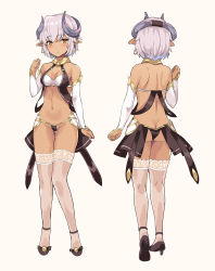Rule 34 | 1girl, absurdres, bare shoulders, black footwear, black panties, blush, breasts, brown background, brown eyes, closed mouth, commentary request, curled horns, dark-skinned female, dark skin, detached sleeves, groin, hair between eyes, has bad revision, has downscaled revision, high heels, highres, horns, long sleeves, looking at viewer, md5 mismatch, medium breasts, multiple views, navel, original, panties, pointy ears, rasahan, resolution mismatch, revealing clothes, revision, shoes, short hair, silver hair, simple background, sleeves past wrists, source smaller, thighhighs, underwear, white sleeves, white thighhighs