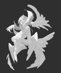 Rule 34 | 1girl, breasts, closed mouth, completely nude, covering privates, covering breasts, cropped torso, grey background, greyscale, head wings, large breasts, looking at viewer, medium hair, monochrome, multiple wings, navel, nude, original, ryota-h, seraph, simple background, solo, wings