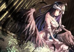 Rule 34 | 1girl, albedo (overlord), bare shoulders, black hair, black wings, breasts, commentary request, demon girl, demon horns, feathers, gloves, hair between eyes, highres, horns, large breasts, long hair, looking at viewer, overlord (maruyama), saraki, solo, white gloves, wings, yellow eyes