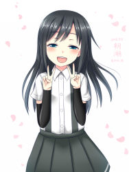 Rule 34 | 10s, 1girl, arm warmers, asashio (kancolle), black hair, blue eyes, blush, character name, dated, double v, hanazome dotera, kantai collection, long hair, looking at viewer, open mouth, petals, pleated skirt, school uniform, serafuku, shirt, simple background, skirt, smile, solo, suspenders, twitter username, v