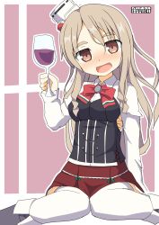Rule 34 | 1girl, alcohol, artist logo, black footwear, boots, bow, bowtie, brown eyes, corset, cup, drinking glass, hair between eyes, hat, highres, holding, holding cup, kantai collection, light brown hair, long hair, long sleeves, mini hat, miniskirt, open mouth, pepatiku, pola (kancolle), red bow, red bowtie, red skirt, shirt, skirt, smile, solo, thick eyebrows, thighhighs, wavy hair, white shirt, white thighhighs, wine, wine glass