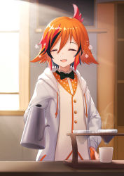 Rule 34 | 1girl, nanashi inc., animare, blurry, blurry background, closed eyes, coffee cup, coffee pot, cup, disposable cup, highres, jacket, kazami kuku, looking at viewer, nishino eri, open mouth, orange hair, short hair, solo, virtual youtuber, window