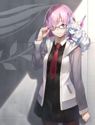 Rule 34 | 1girl, black dress, black pantyhose, blush, commentary request, cowboy shot, dress, eyes visible through hair, fate/grand order, fate (series), fou (fate), glasses, hair over one eye, jacket, light, looking at viewer, mash kyrielight, necktie, oto (ginswallow), pantyhose, purple eyes, purple hair, red necktie, shadow, short hair, smile, totsuki kakeru
