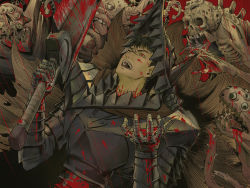 Rule 34 | absurdres, armor, berserk, berserker armor, black armor, black hair, blood, blood on face, blood on hands, bloody weapon, breastplate, demon, dripping, extra eyes, gauntlets, googerm, guts (berserk), hatching (texture), helmet, highres, holding, holding sword, holding weapon, huge weapon, monster, one eye closed, open mouth, pauldrons, plant, rain, red background, red eyes, ribs, scar, scar on face, scar on nose, sharp teeth, shoulder armor, skull, solo focus, sword, teeth, thorns, tongue, tongue out, vambraces, vines, weapon