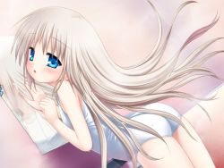 Rule 34 | 1girl, :o, arched back, ass, bathroom, blonde hair, blue eyes, blush, flat chest, game cg, indoors, key (company), kud wafter, leaning forward, little busters!, long hair, mirror, na-ga, noumi kudryavka, one-piece swimsuit, open mouth, reflection, school swimsuit, solo, steam, swimsuit, very long hair, wet, white hair, white school swimsuit, white one-piece swimsuit