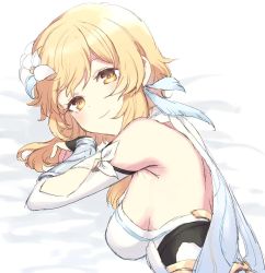 Rule 34 | 1girl, bed sheet, blonde hair, blush, breasts, closed mouth, detached sleeves, dress, flower, genshin impact, hair flower, hair ornament, looking at viewer, lumine (genshin impact), lying, medium breasts, on side, sbs, solo, upper body, white dress, white flower, yellow eyes