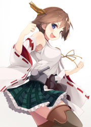 Rule 34 | 1girl, boots, brown hair, commentary request, cowboy shot, detached sleeves, doyagao, flipped hair, green skirt, hairband, headgear, hiei (kancolle), kantai collection, looking at viewer, mofu namako, no legwear, plaid, plaid skirt, purple eyes, ribbon-trimmed sleeves, ribbon trim, short hair, simple background, skirt, smile, smug, solo, thigh boots, thighhighs, white background