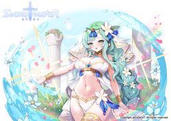 Rule 34 | 1girl, apple caramel, bare shoulders, blush, bracelet, braid, breasts, circlet, cleavage, collar, cowboy shot, crop top, demeter (sword master story), flower, gold trim, gradient hair, green eyes, green hair, hair flower, hair ornament, highres, jewelry, large breasts, long hair, looking at viewer, midriff, mole, mole under eye, mole under mouth, multicolored hair, navel, no panties, nose blush, open mouth, outstretched arm, pelvic curtain, revealing clothes, single braid, skirt, sleeveless, solo, standing, stomach, sword master story, thighlet, thighs, tongue, tongue out, veil, very long hair, water, wet, white flower, white skirt