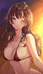 Rule 34 | 1girl, ahoge, alracoco, aqua eyes, bare arms, bikini, blush, breasts, brown hair, cleavage, closed mouth, commentary, ear piercing, earrings, evening, heart, heart necklace, highres, jewelry, lips, long hair, looking at viewer, medium breasts, mole, mole on breast, navel, necklace, one eye closed, original, piercing, red bikini, sidelocks, smile, solo, sunset, swimsuit, symbol-only commentary, upper body, wet