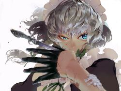 Rule 34 | 1girl, 9ji, bandages, black gloves, blood, blue eyes, braid, commentary, gloves, grey hair, half-closed eye, holding, holding knife, izayoi sakuya, knife, looking to the side, maid, maid headdress, medium hair, parted lips, side braids, simple background, solo, touhou, twin braids, upper body, white background