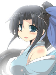 Rule 34 | black hair, breasts, commentary request, detached sleeves, from side, goma (gomasamune), grey eyes, hair ornament, large breasts, long hair, looking at viewer, minakuchi (oshiro project), open mouth, oshiro project:re, parted bangs, ponytail, shuriken, smile, solo, weapon