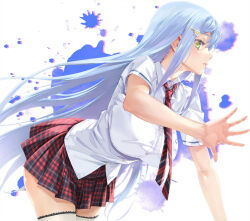 1girl bishoujo_mangekyou_(series) blue_hair breasts collared_shirt commentary_request hair_ornament hairclip happoubi_jin large_breasts long_hair looking_at_viewer necktie parted_lips sawatari_shizuku school_uniform shirt skirt solo thighhighs very_long_hair yellow_eyes