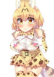Rule 34 | 10s, 1girl, animal ears, animal print, bare shoulders, batten, belt, blonde hair, blush, bow, bowtie, breasts, censored, closed mouth, commentary request, cross-laced clothes, elbow gloves, gloves, hair between eyes, hands on own chest, heart, heart censor, high-waist skirt, highres, kemono friends, large breasts, looking at viewer, print bow, print skirt, print thighhighs, serval (kemono friends), serval print, serval tail, shiny skin, shirt, short hair, simple background, skirt, sleeveless, sleeveless shirt, smile, solo, standing, tail, taut clothes, taut shirt, thighhighs, white background, white shirt, yellow eyes, yellow skirt