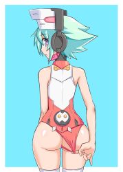 Rule 34 | 1girl, adjusting clothes, ass, azure striker gunvolt, azure striker gunvolt 2, back, blue eyes, blush, butt crack, clothing aside, cougar (cougar1404), cowboy shot, female focus, from behind, green hair, headgear, huge ass, leotard, leotard aside, looking at viewer, looking back, open mouth, outside border, profile, roro (gunvolt), shiny skin, short hair, simple background, skindentation, solo, standing, thighs, wedgie, wide hips
