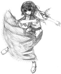 Rule 34 | 1girl, alice margatroid, belt, blush, dress, female focus, full body, greyscale, long sleeves, looking at viewer, monochrome, shoes, simple background, solo, touhou, white background, zaki (artist)