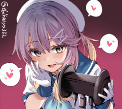Rule 34 | 1girl, asmr, ebifurya, gloves, gradient background, gradient hair, heart, highres, kantai collection, looking at viewer, multicolored hair, one-hour drawing challenge, open mouth, purple eyes, sailor collar, short hair, solo, spoken heart, tsushima (kancolle), twitter username, white gloves